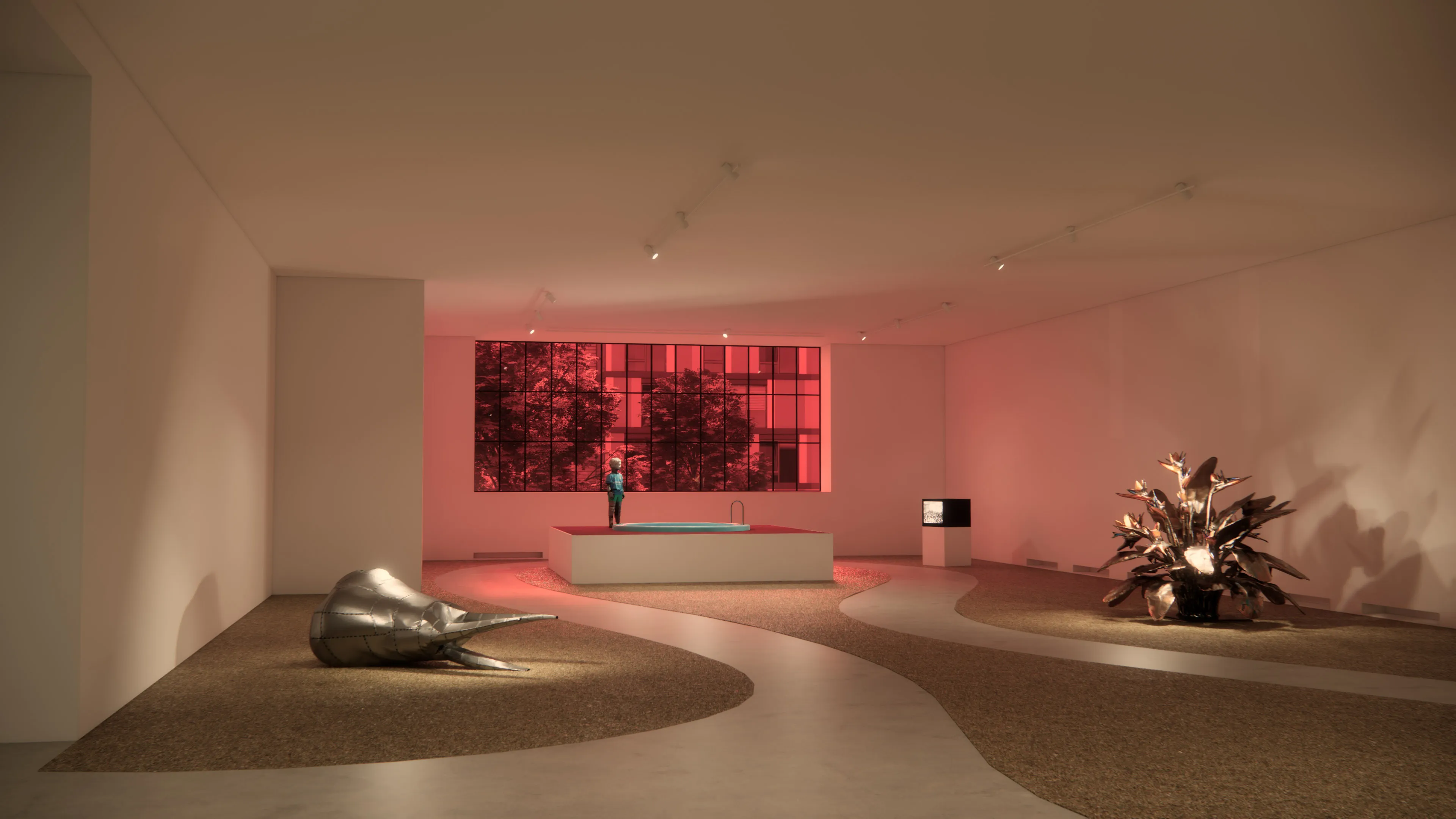 Scenographic rendering for Mohamed Bourouissa's exhibition, Migros Museum, Zurich 2026.
