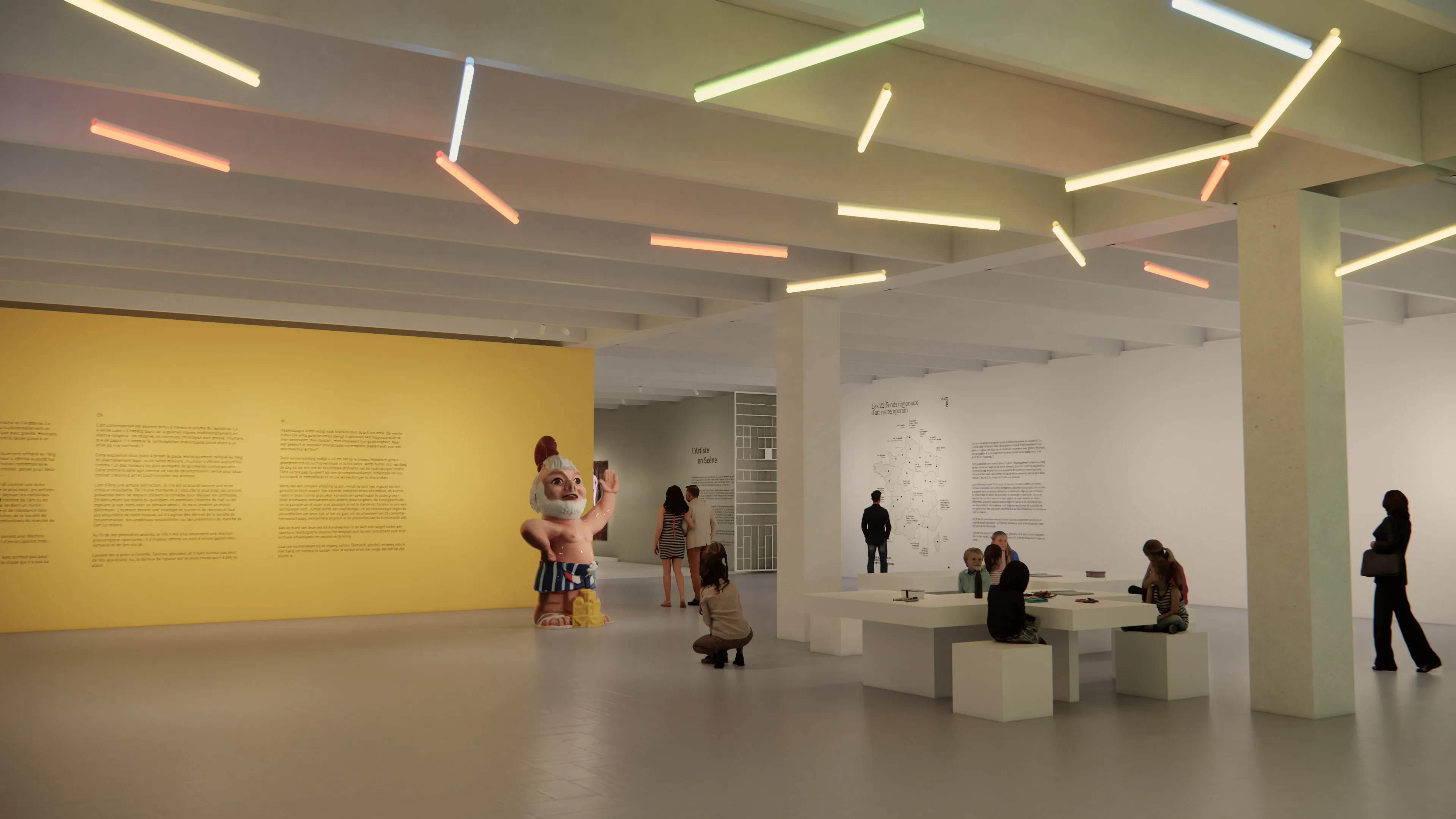 Implantation rendering for the Éclats du Rire ! exhibition, lille3000, Tripostal de Lille.
