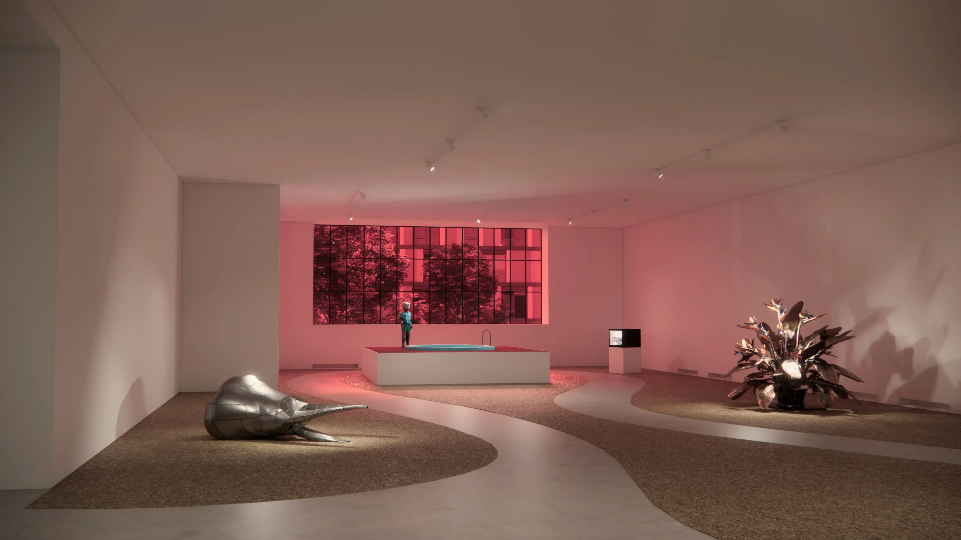 Scenographic rendering for Mohamed Bourouissa's exhibition, Migros Museum, Zurich 2026.